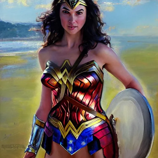 Prompt: portrait of Wonder Woman in the morning sun, Danile Gerhartz, oil painting