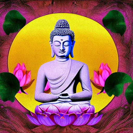 Prompt: Buddha painting, digital art, with lotus flower