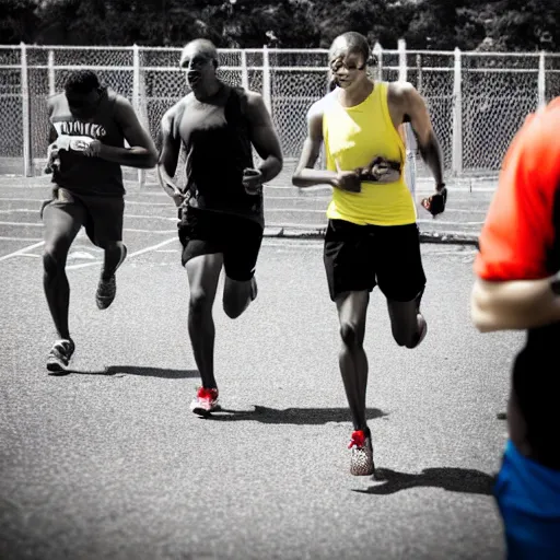 Prompt: photograph of an athletic man holding a bible while running. Bible is in their hands. Zombies in the background. Track and field event. DSLR Photography