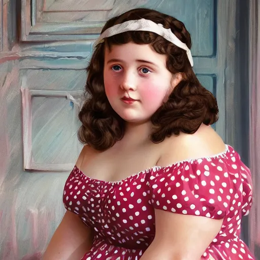 Image similar to charming and chubby girl, wearing a polka dot dress and a victorian - style hairdo on her head, sits in the large and bright studio. sunlight enters through the barred window. very realistic shiny skin. subsurface scattering shiny skin. beautiful lighting, 4 k post - processing, highly detailed, 5 k extremely detailed, 3 d. cinematic scene.