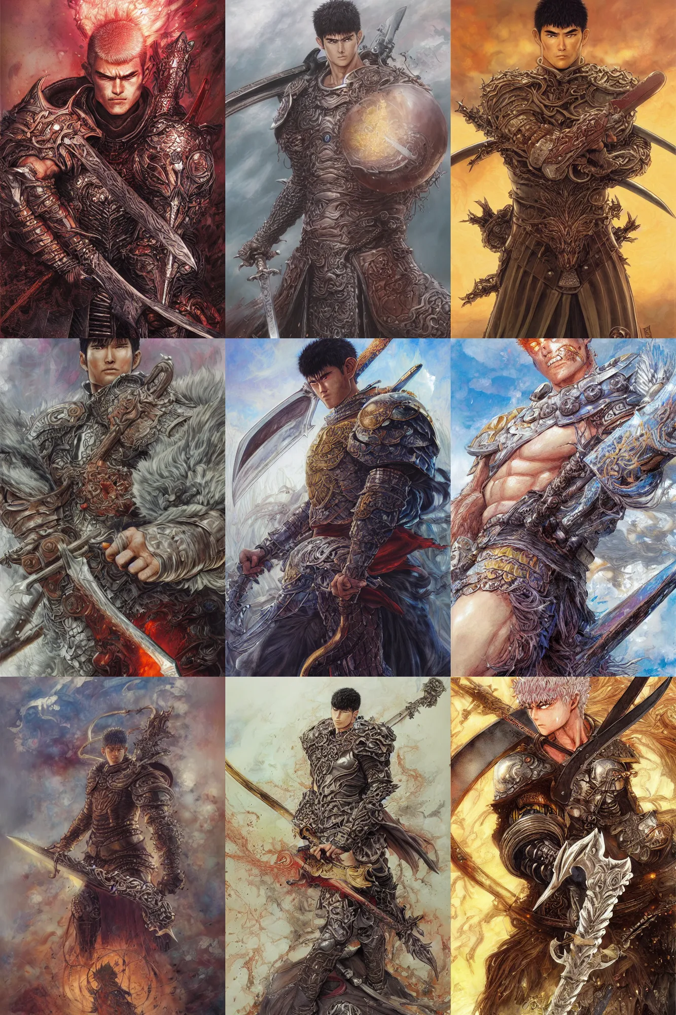 Prompt: extremely detailed portrait of berserk guts holding a giant sword by yoann lossel, hikari shimoda, amano, yoshiyuki tomino, moebius, 90-s anime aesthetics, rich fluffy moody colours, ethereal, trending on artstation