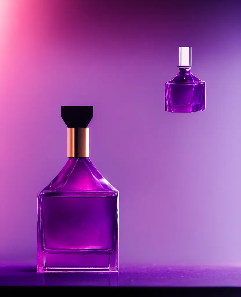 Image similar to close up shot of one premium perfume bottle containing purple liquid, the bottle is placed on a table, the bottle is in the middle of the scene, dust in the background, cinematic lighting!, spotlight, ultra detail, commercial, designer product, cinematic lighting, hd artstation, symmetrical, rendered, 4k