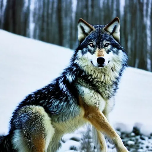 Prompt: very very very very beautiful picture of a wolf in a snowfield, realistic