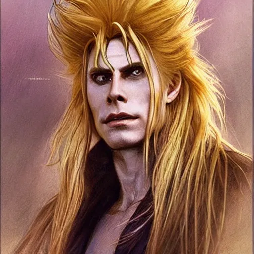 Image similar to amazing lifelike award winning pencil illustration of Jareth from Labyrinth trending on art station artgerm Greg rutkowski alphonse mucha cinematic