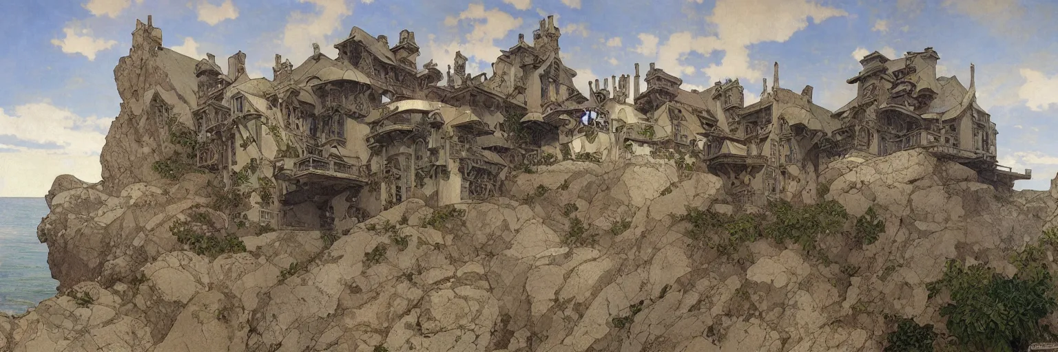 Image similar to hyper-realistic illustration of an exterior view of a huge Brutalist-style house on a rocky beach, by Alfons Mucha le Pater, Art Nouveau, Craig Mullins, Jules Louis Machard, Pierre-Narcisse Guérin, Carl Schweninger, Jr., asymmetry