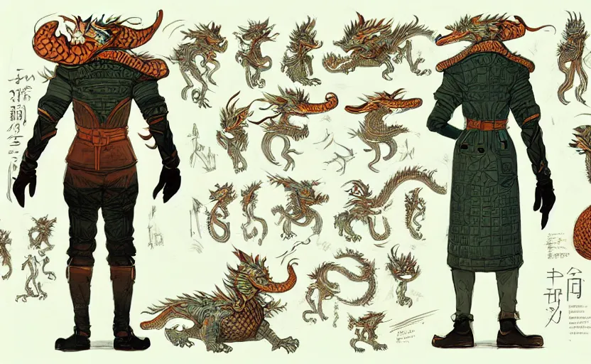 Prompt: character design of futur dragon hunter, by victo ngai, drawing, concept sheet, game characters