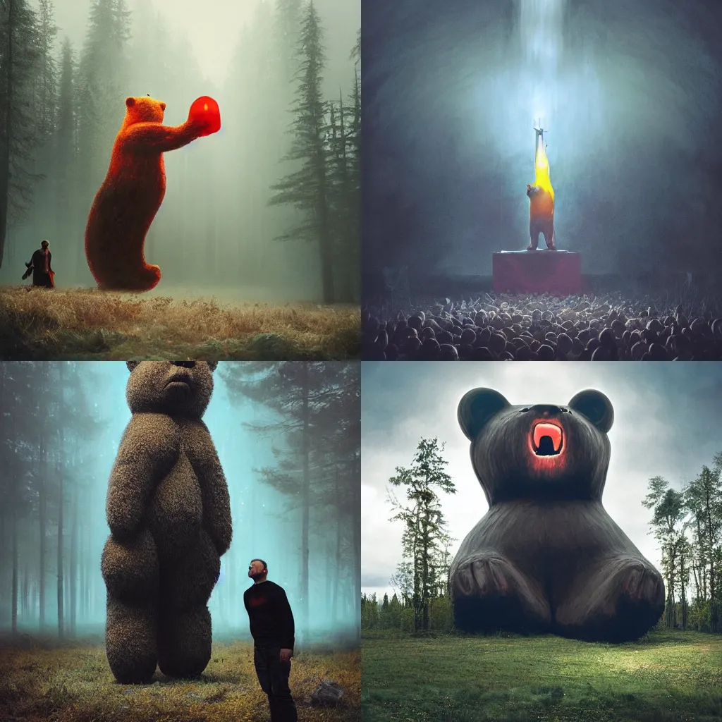 Prompt: an atmospheric portra 800 photo of a gigantic 10ft tall gummy bear being used as a worship tool by a cult in the middle of nowhere by greg rutkowski, anato finnstark. hyper detailed, 50mm, award winning photography.