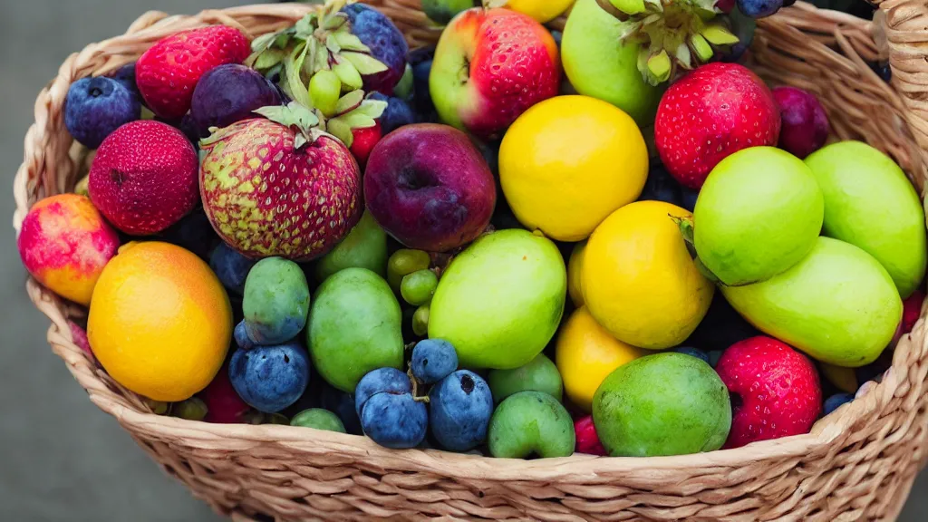 Prompt: a basket of fruites aperture f / 1. 8