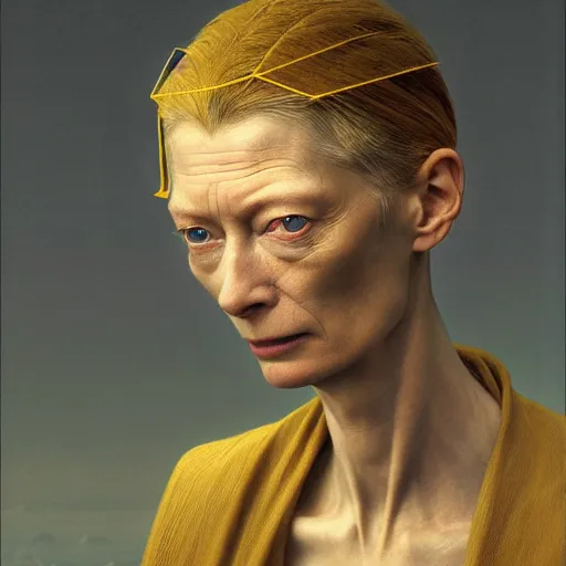 Prompt: Woman masterpiece, Tilda Swinton, beautiful eyes, yellow, golden halo behind her head, wires everywhere, by Edgar Maxence and Ross Tran, Zdzisław Beksiński, and Michael Whelan, distant, gustav dore, H.R. Giger, 8k, octane render