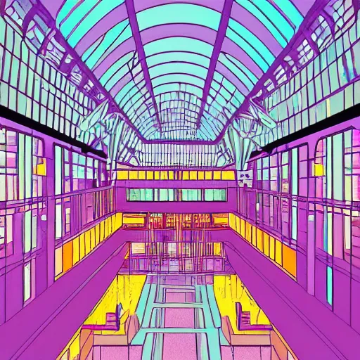 Image similar to illustration in pastel colors of the main atrium of a 1 9 9 0 s mall with abstract neons