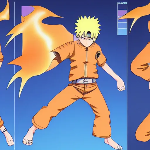 Prompt: Fusion of Naruto Uzumaki from the anime Naruto and Dante from the game Devil May Cry in the style of Araki Hirohiko, character design sheet
