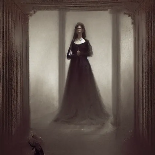 Image similar to a beautiful victorian woman is frightened by her doppleganger in a mirror. she is in a long hallway of mirrors. elegant design, haunting atmosphere, dimly lit, gothic, horror style, by greg rutkowski, realistic, low angle, 3 / 4 view.