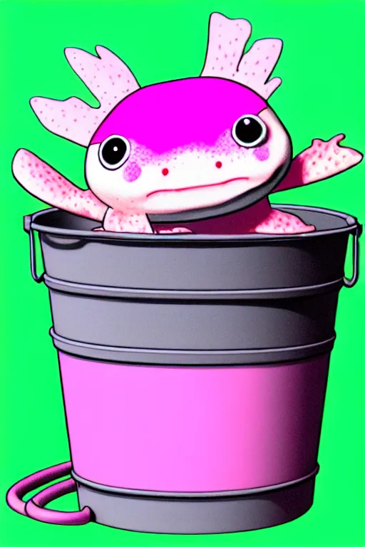 Prompt: pink axolotl in a bucket wearing a hat, cartoon, cute, trending on artstation, digital art