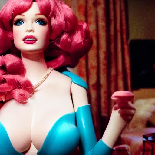 Image similar to amazing beautiful Christina Hendricks barbie doll wearing leather in the living room, film still from the movie directed by Denis Villeneuve , wide lens