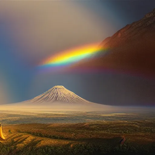 Image similar to a detailed matte painting of noah's ark, double rainbow in a clear blue sky, mount ararat far away in the background, art by dan mumford and yusuke murata and makoto shinkai and ross tran, cosmic, heavenly, god rays, intricate detail, cinematic, 8 k, cel shaded, unreal engine, featured on artstation, pixiv
