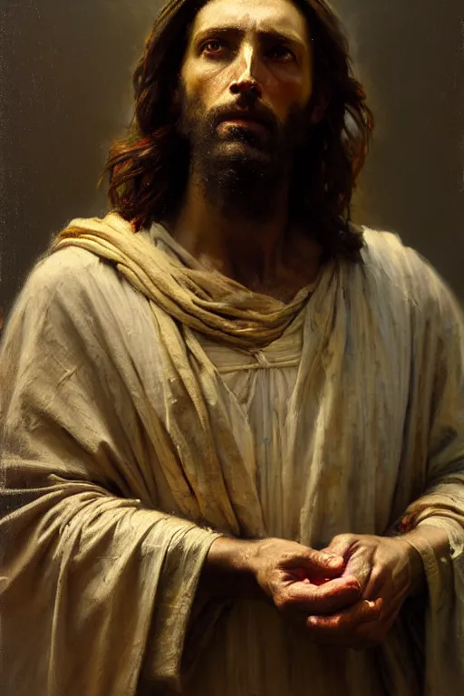 Image similar to photograph imax and solomon joseph solomon and richard schmid and jeremy lipking victorian loose genre loose painting full length portrait painting of jesus