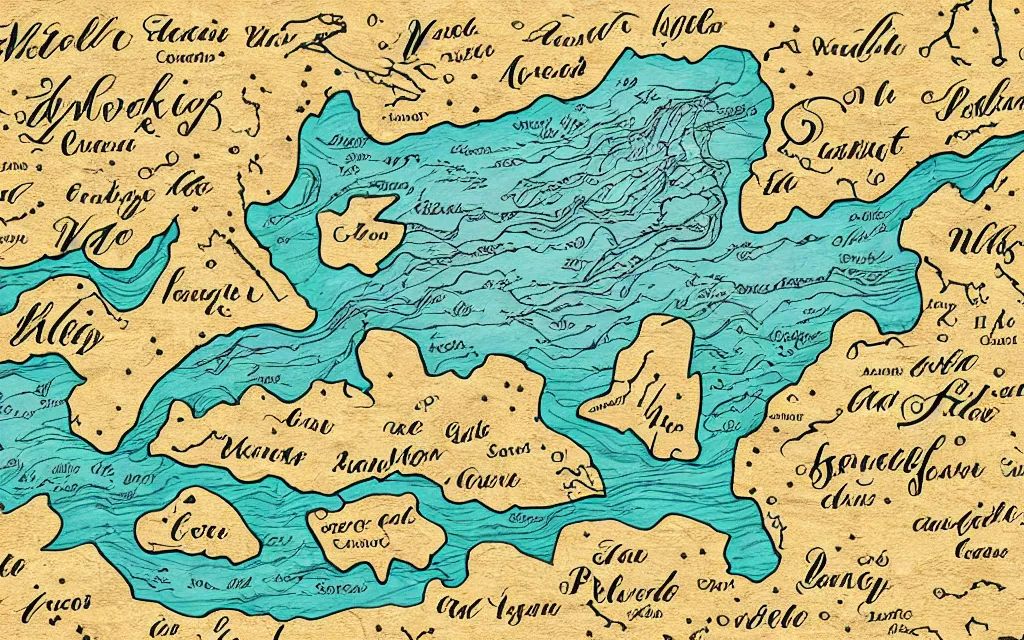 Image similar to medieval map mountain ranges, rivers, lakes, cursive lettering digital illustration