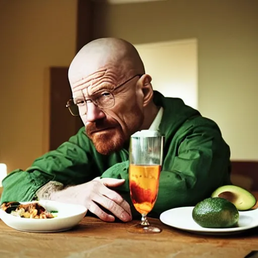 Image similar to walter white eating avacado, photography