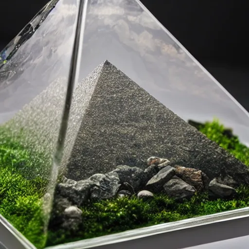 Prompt: a pyramid made out of glass containing a beautiful miniature scenery,water,4k,high quality