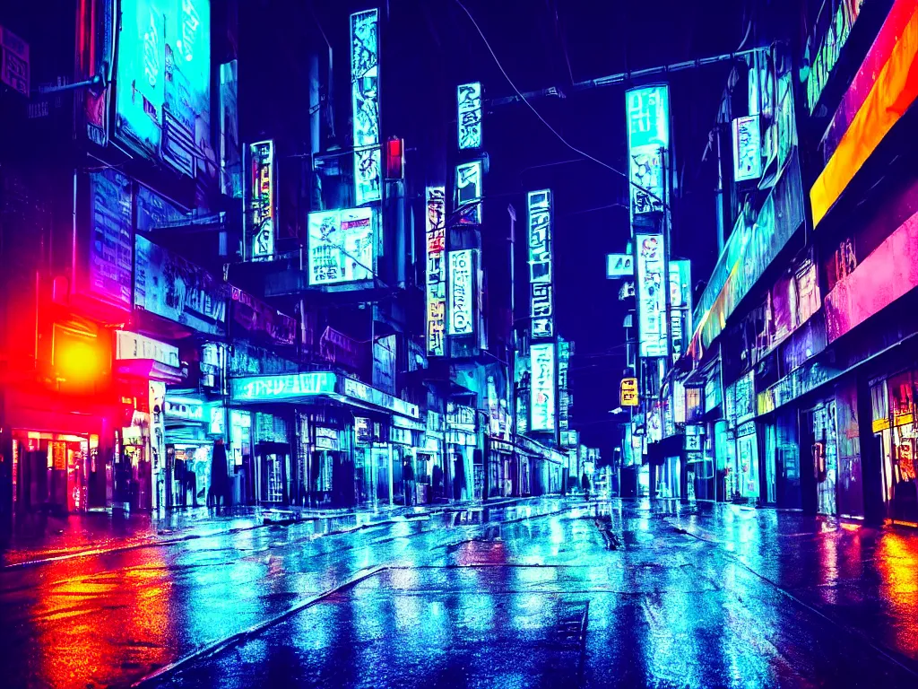 Image similar to rainy cyberpunk downtown city street in dark night time, neon lights glow, black sky