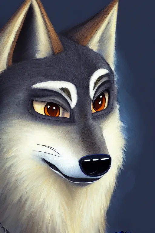 Image similar to oil painting of anthromorphic female wolf, in style of zootopia, female fursona, furry, furaffinity, 4 k, deviantart, furry art, fursona art, wearing black business suit, business suit, wolf fursona, female, very expressive detailed feminine face,