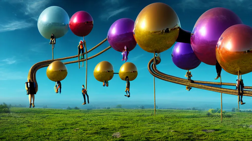 Prompt: large colorful futuristic space age metallic steampunk balloons with pipework and people on rope swings underneath, flying high over the beautiful countryside landscape, professional photography, 8 0 mm telephoto lens, realistic, detailed, digital art, unreal engine