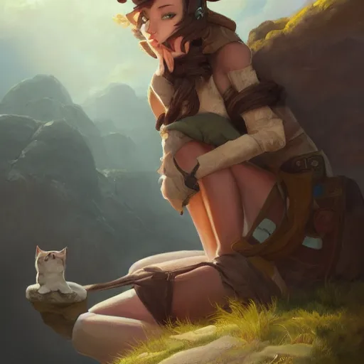 Image similar to a painting of a person sitting on a rock with a cat and a plane at the side, an ultrafine detailed painting by mandy jurgens, featured on deviantart, fantasy art, 2 d game art, ilya kuvshinov, steampunk