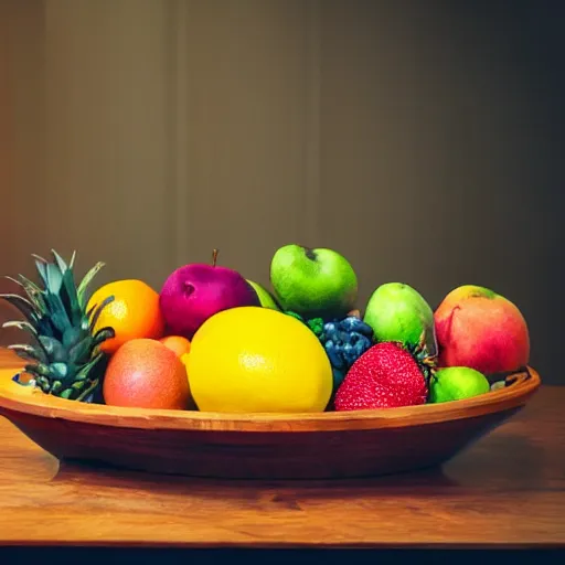 Prompt: a fruit basket on top of a kitchen table, neon lights