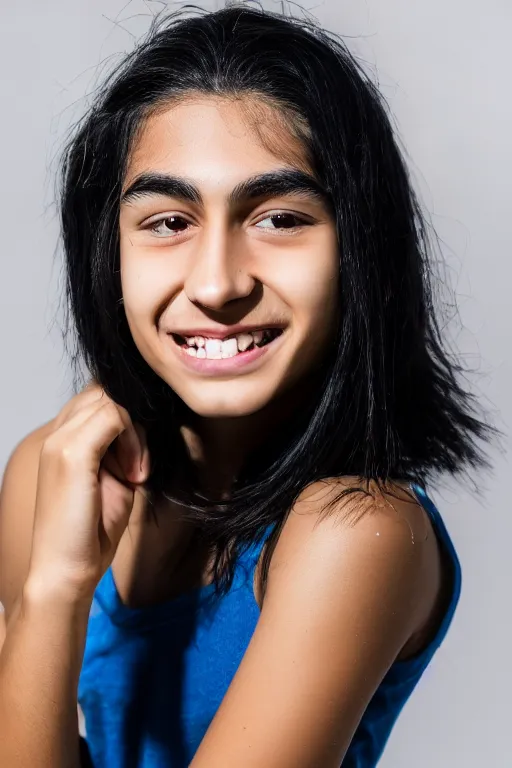 Image similar to close up headshot of an androgynous Hispanic teen with medium length slightly wavy black hair a wide smile brown eyes a small nose tidy plucked eyebrows dark brown eyes and a diamond shaped face, high resolution film still, 8k, HDR color