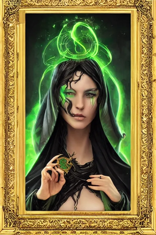 Prompt: a portrait of a youthful attractive girl sorceress wearing a black robe with gold embroidery, casting a spell, green glows, painted by artgerm and tom bagshaw, in the style of magic the gathering, highly detailed digital art