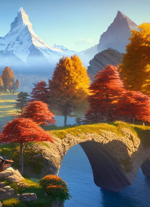 Image similar to a wholesome animation key shot, castle in the middle, swiss alps ( matterhorn ) in the background, autumn foliage in the foreground, studio ghibli, pixar and disney animation, sharp, rendered in unreal engine 5, anime key art by greg rutkowski, bloom, dramatic lighting