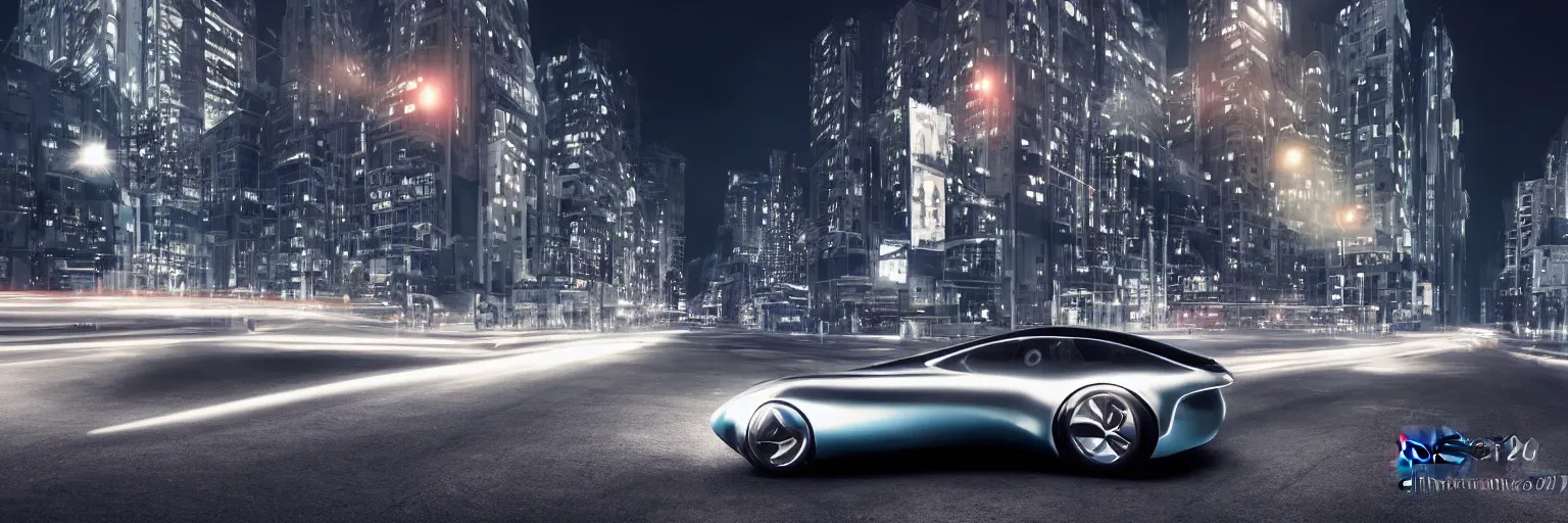 Image similar to photograph of a concept car for the year 2050, inner city background night shot, dramatic lighting.