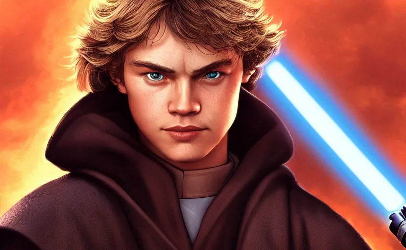 Prompt: a portrait of anakin skywalker looking firmly into the camera, wielding a blue lightsaber, detailed, cinematic, raytracing, realistic, detailed, cinematic, raytracing, realistic