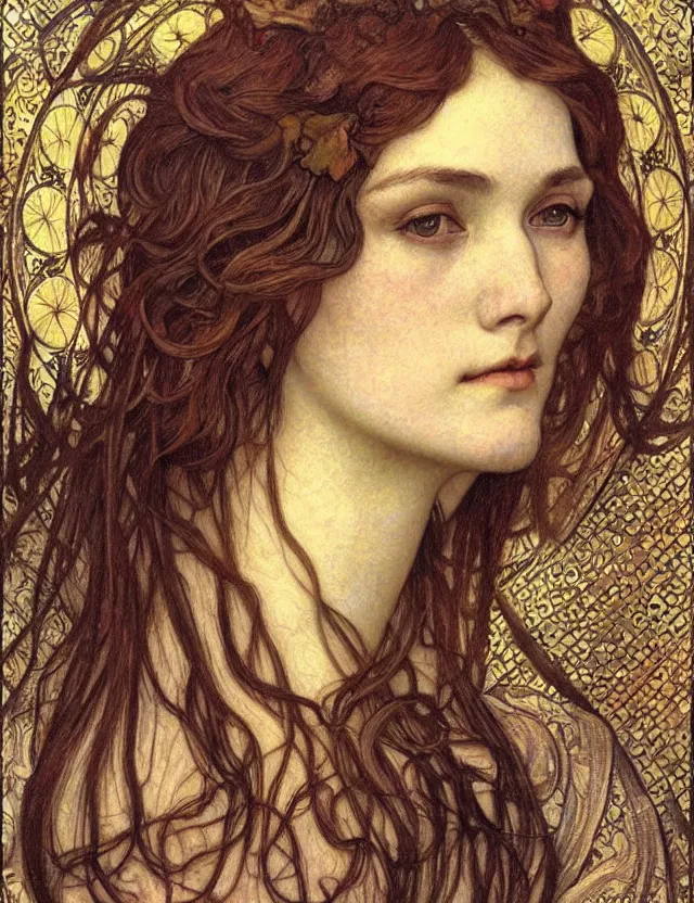 Image similar to detailed realistic beautiful young medieval queen face portrait by jean delville, alphonse mucha, vincent van gogh, and marco mazzoni, art nouveau, symbolist, visionary, gothic, pre - raphaelite