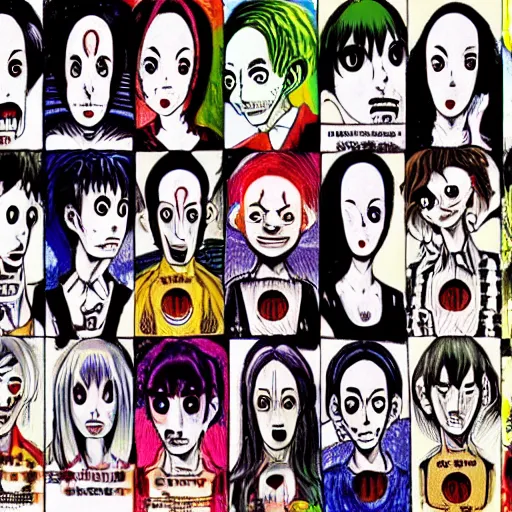 Image similar to junji ito manga characters colorful