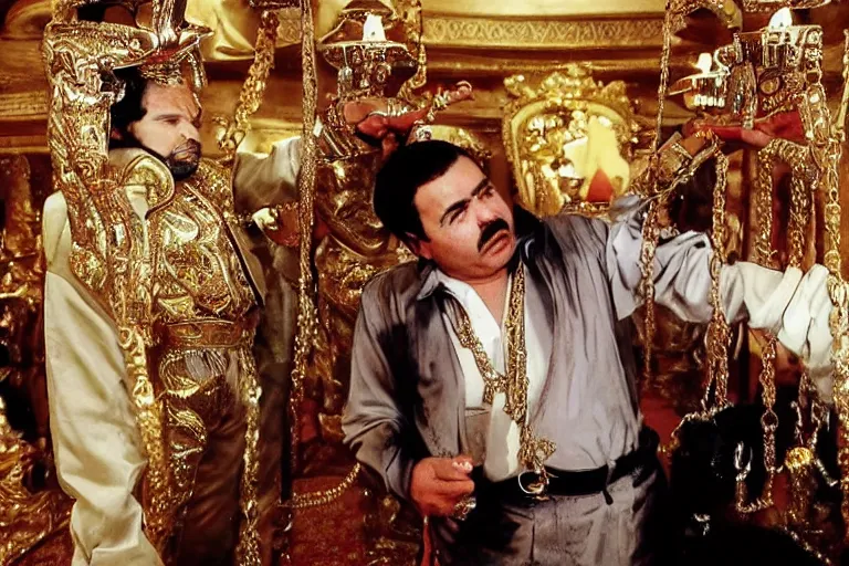 Prompt: el chapo is a genie standing in the middle of a grandiose mexican mansion. everything is made out of gold. el chapo the genie is sipping on wine. the mansion is incredible and ornate. chapo has a clockwork chain. there are princesses and queens everywhere around him because they love him, lovely scene of a genie being a pimp