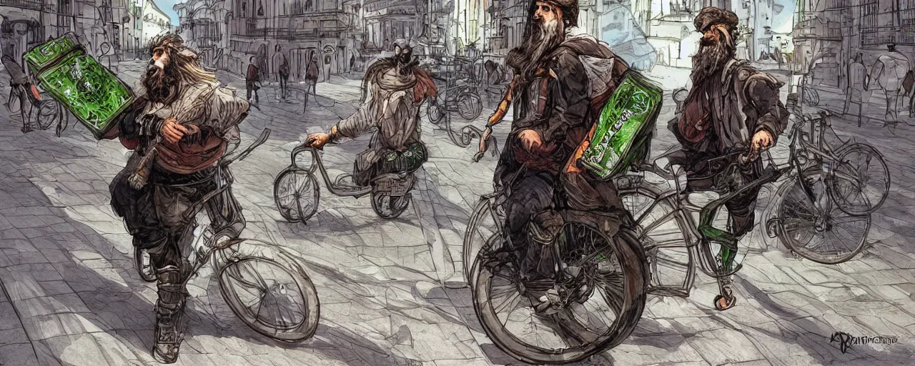 Image similar to a bearded and long haired bicycle food delivery worker with a green bag on his back in rossio lisbon, he has boots, epic fantasy style art by kim jung gi, fantasy epic digital art