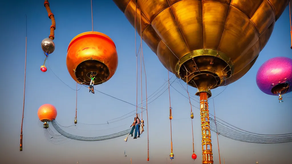 Prompt: large colorful futuristic space age metallic steampunk steam - powered balloons with pipework and electrical wiring around the outside, and people on rope swings underneath, flying high over the beautiful beijing city landscape, professional photography, 8 0 mm telephoto lens, realistic, detailed, photorealistic, photojournalism