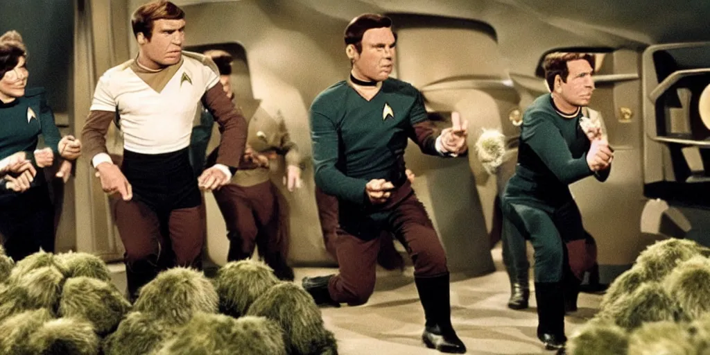 Prompt: a scene from Trouble with Tribbles, an episode of the original Star Trek series, with The Hulk in Starfleet uniform, in the role of Captain Kirk