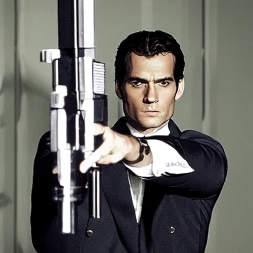 Image similar to henry cavill in goldeneye as james bond posing with pistol, promotional poster