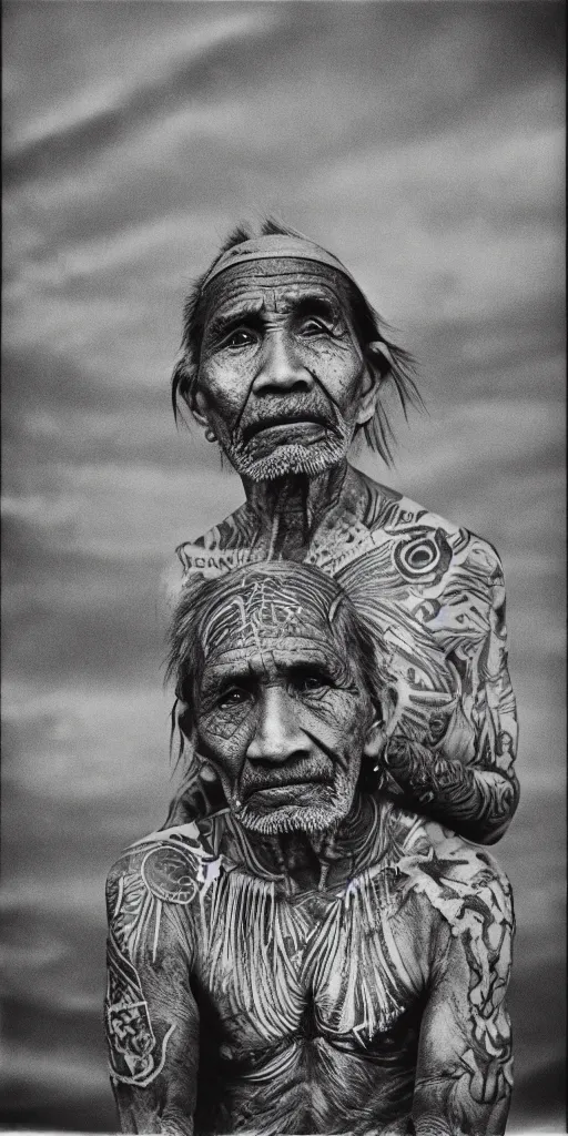 Image similar to an old indigenous man with micron pen ink tattoos stares imat the camera, night sky, stars, bruce gilden, leica s, fuji 8 0 0, grainy, low light