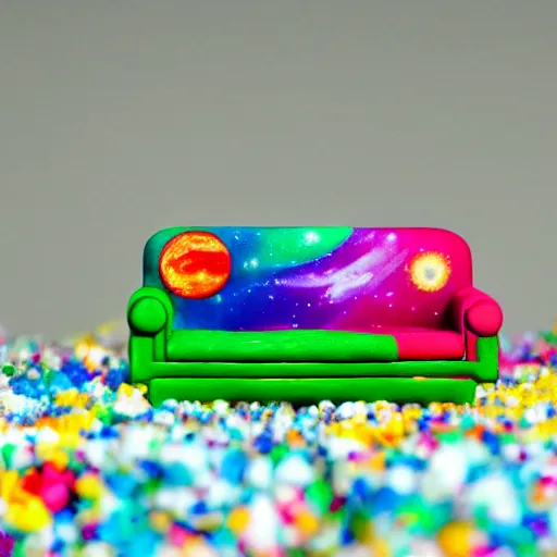 Image similar to fisher price couch, perfect focus, psychedelic trippy couch in space, planets, milky way, sofa scene from tv show hyper detailed 5 5 mm 8 5 mm, toy photography, made out of plastic