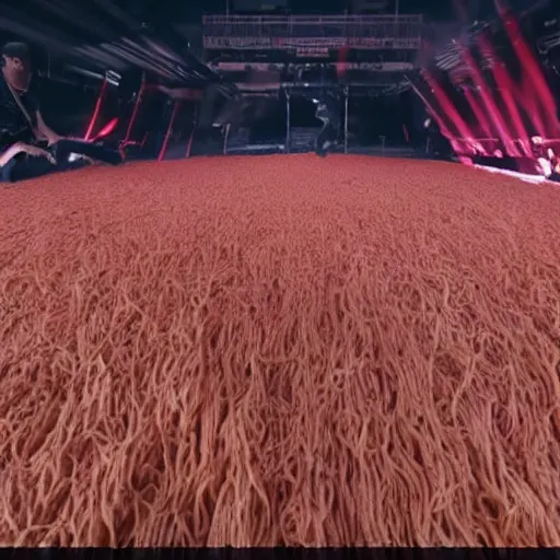 Image similar to eminem rap battling in a stadium filled with spaghetti in real life, 8 k, 4 k uhd, realistic, hyper realistic, super detailed, very detailed, detailed