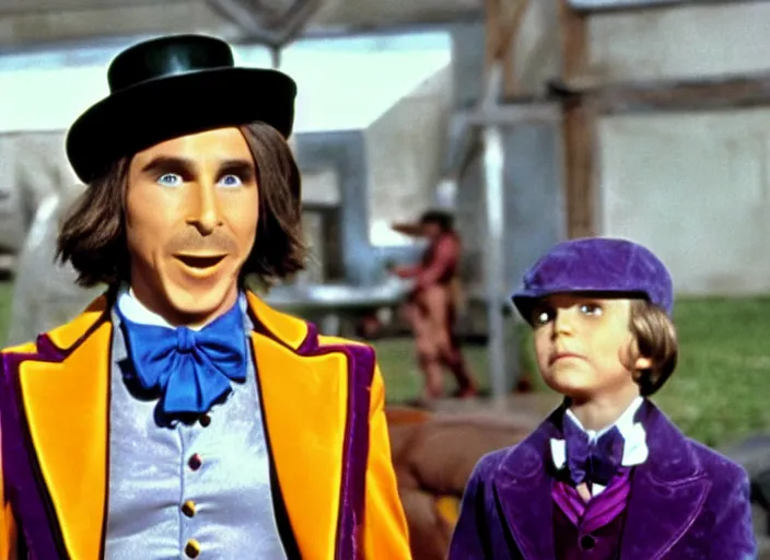 Image similar to film still of Christian Bale as Willy Wonka in Willy Wonka and the Chocolate Factory 1971