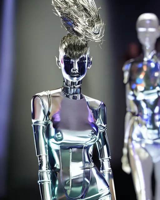 Image similar to Hajime Sorayama designed Metallic Robot Woman walks on a runway in Paris. Robot woman’s skin made out of reflective chrome, Hyperreal