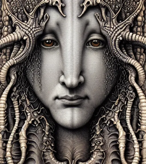 Prompt: detailed realistic beautiful seahorse goddess face portrait by jean delville, gustave dore, iris van herpen and marco mazzoni, art forms of nature by ernst haeckel, art nouveau, symbolist, visionary, gothic, neo - gothic, pre - raphaelite, fractal lace, intricate alien botanicals, ai biodiversity, surreality, hyperdetailed ultrasharp octane render