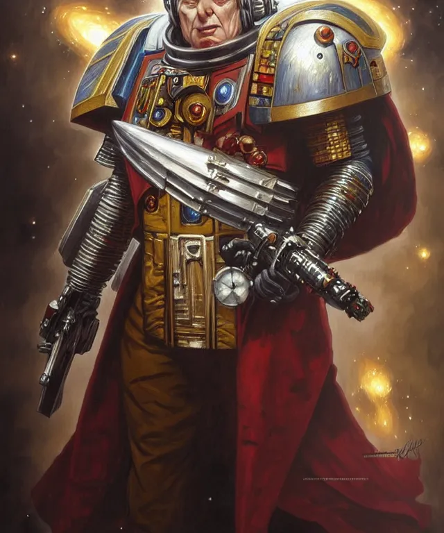 Prompt: Tom Baker Doctor Who as Warhammer 40k Space Marine, portrait, fantasy, intricate, elegant, highly detailed, digital painting, artstation, concept art, smooth, sharp focus, illustration, art by artgerm and greg rutkowski and alphonse mucha