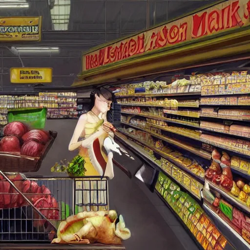 Image similar to digital painting of a super market grocery shopping elegant but deadly anthropomorphic cats with snake featured hybrid, by Greg Rutkowski, magic the gathering concept art, trending on artstation, 4k resolution, ((in a super market Costco))