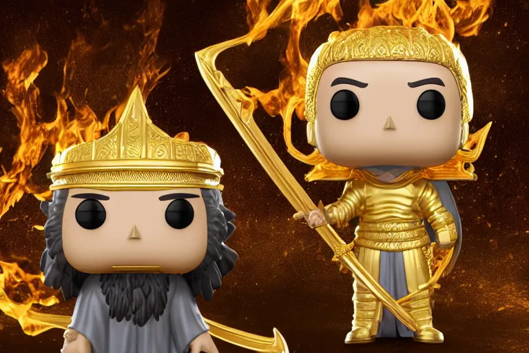 Image similar to an ultra detailed picture of the prophet mohammed as a funko pop, wearing bright gold armor and holding huge flaming longsword blessed by god, epic anime fantasy, 8 k, volumetric lighting, smooth, highly detailed, digital illustration, art by kentaro miura and akira toriyama and albert bierstadt and greg rutkowsi, artstation