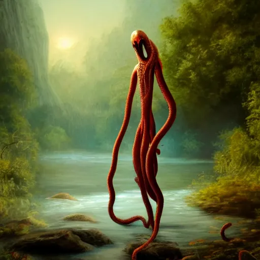 Prompt: a cinematic painting of alien tentacles emerging from the water of a river, a single human godly like figure stands on the riverbed watching, fire blowing the leaves from the trees